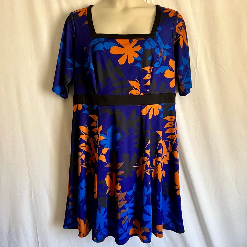Isabel + Alice Elegant Blue and Orange Floral Midi Dress